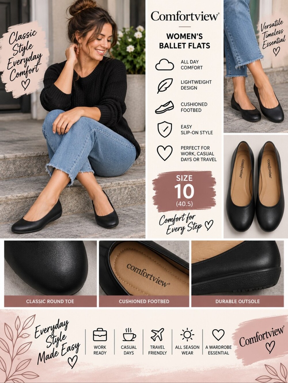 New Comfort view women's size 10 black slip-on ballet flats #36